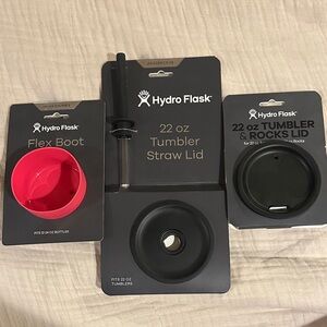 Bundle of Hydro Flask Accessories: Pink Flex Boot, Straw/Lid and Black Lid Set